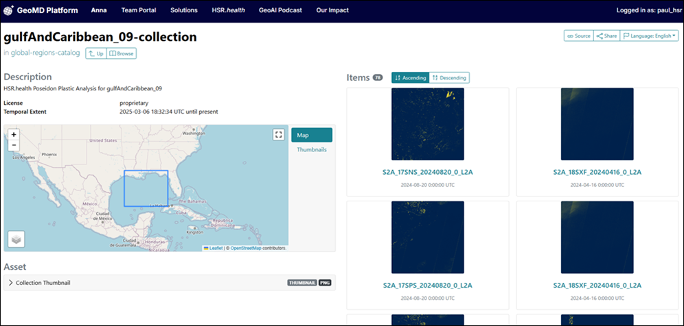 STAC catalogue for Poseidon raster data showing plastic presence.